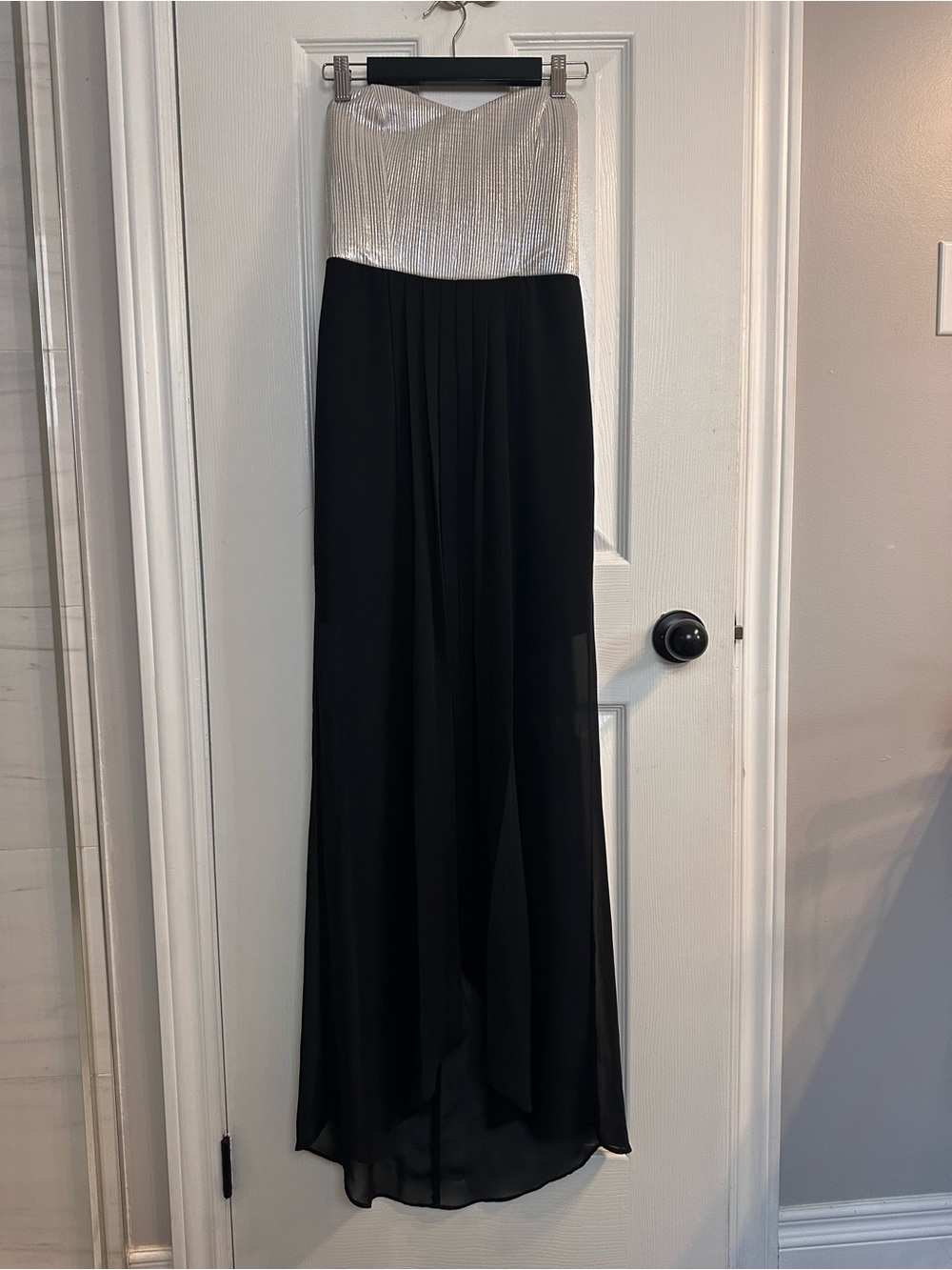 Guess by Marciano Black Chiffon Gown with Silver Strapless Bodice